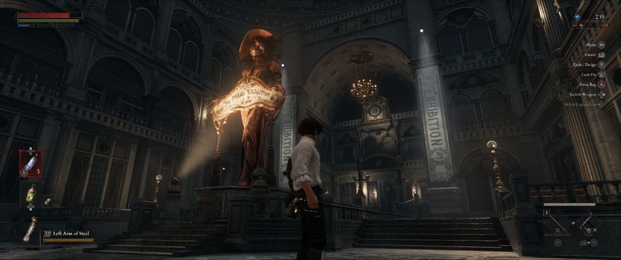 На зображенні приміщення вокзалу в стилі стімпанк, посередині спиною до глядача стоїть хлопець з чорним волоссям у старовинній білій сорочці, в руці у нього шпага. 