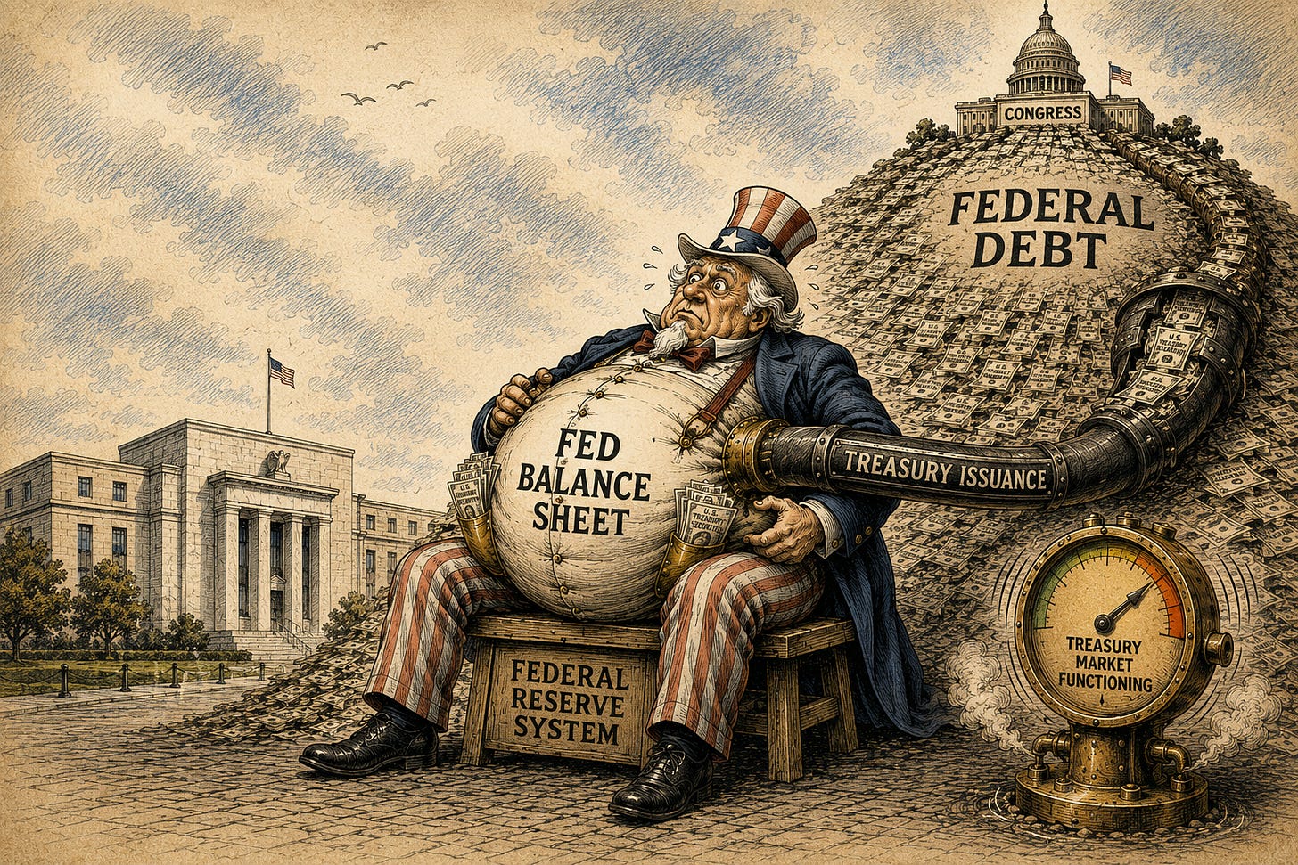 Vintage political cartoon showing Uncle Sam with a swollen Fed balance sheet fed by a mountain of federal debt.