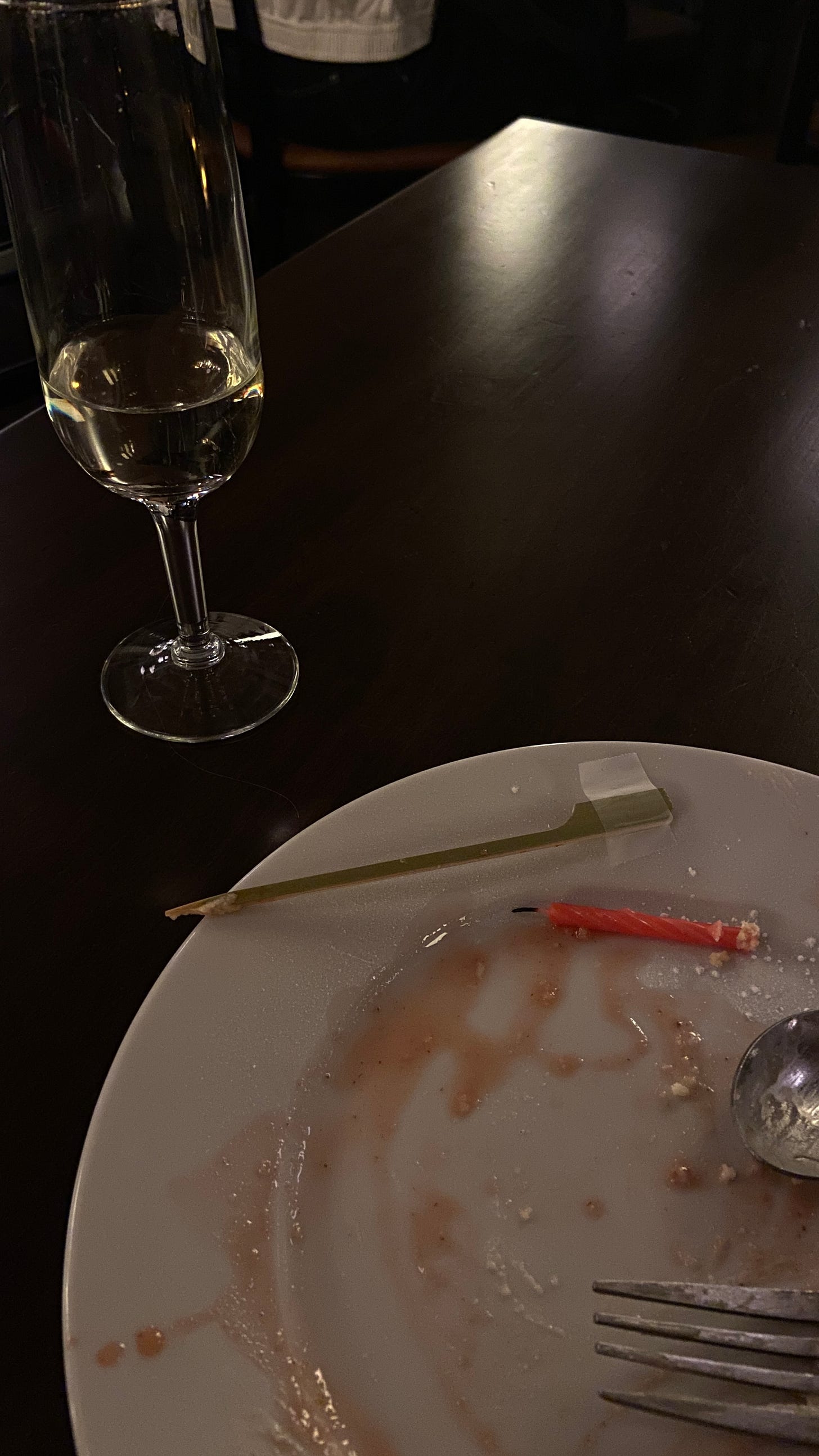 A mostly-empty glass of prosecco and an empty dessert plate. A mostly-empty glass of prosecco and an empty dessert plate.