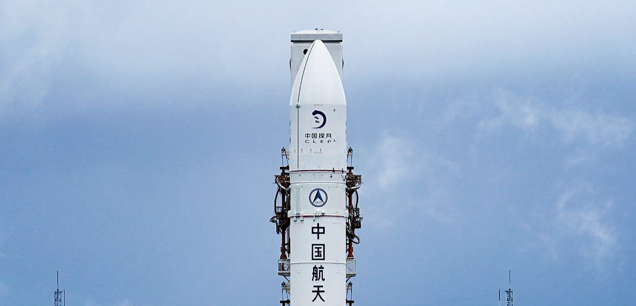 A view of the Long March 5 Y14’s fairing, where Chang’e 7 is kept safe, and its second-stage during rollout to Launch Complex 101 on August 19th 2026.