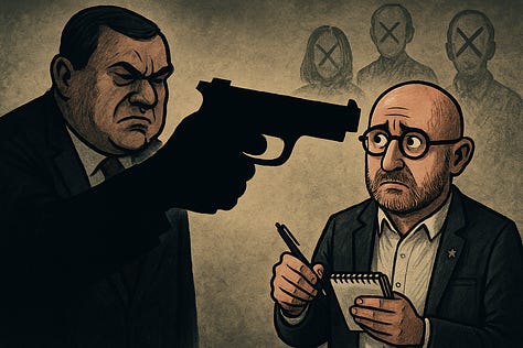 Këto tri karikatura editoriale vizualizojnë rrezikun që vjen nga retorika e Hisen Berishës: një ish-deputet, politikan nga rradhët e PDK-së, një klasë politike nën mandatet e së cilës janë vrarë e zhdukur gazetarë, aktivistë dhe figura publike pas luftës. Simbolika nuk shfaq dhunë fizike, por ekspozon qartë kërcënimin i cili nënkuptohet kur një gazetar etiketohet publikisht si ‘target’ për t’u goditur ‘drejtpërdrejt e fortë’. Aty ku fjala nxit, arti paralajmëron.