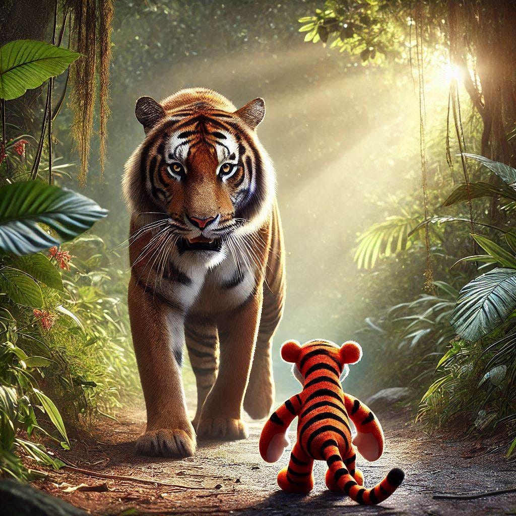a bengal tiger comes across a tigger plushie in the middle of the jungle photorealistic