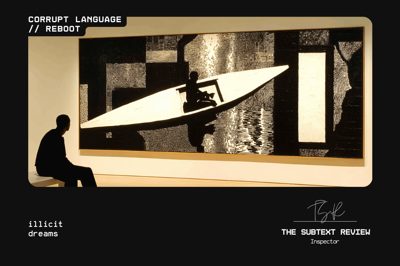 A figure sits on a bench in silhouette, looking toward a massive, dark horizontal painting. The artwork features a stark white, stylized boat with a man inside, as well as geometric shapes rendered in a high-contrast, woodcut-inspired texture. Below, the text reads "illicit dreams." Part of the Corrupt Language // Reboot series at The Subtext Review. A figure sits on a bench in silhouette, looking toward a massive, dark horizontal painting. The artwork features a stark white, stylized boat with a man inside, as well as geometric shapes rendered in a high-contrast, woodcut-inspired texture. Below, the text reads "illicit dreams." Part of the Corrupt Language // Reboot series at The Subtext Review.