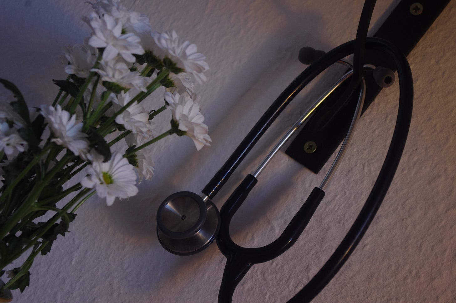 An der Wand hängt ein Stethoskop, daneben stehen weiße Blumen