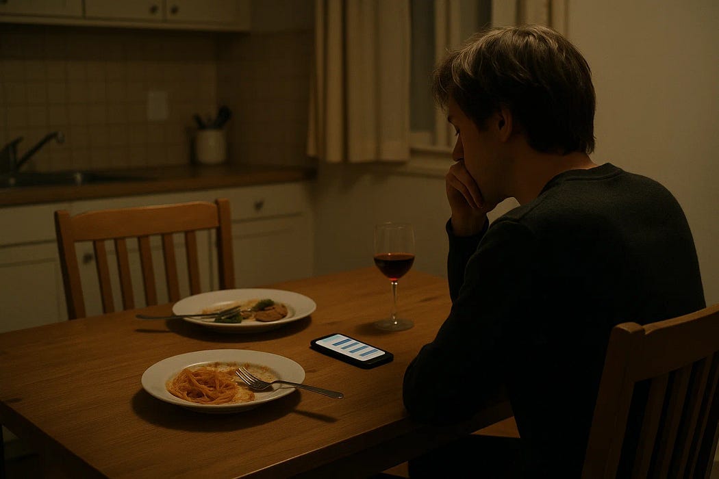 A man sits alone at a dimly lit dinner table, staring at a smartphone with unread messages. Two plates of food and a glass of red wine sit untouched, suggesting he was expecting someone who never showed. His posture conveys disappointment, loneliness, or emotional disconnection.