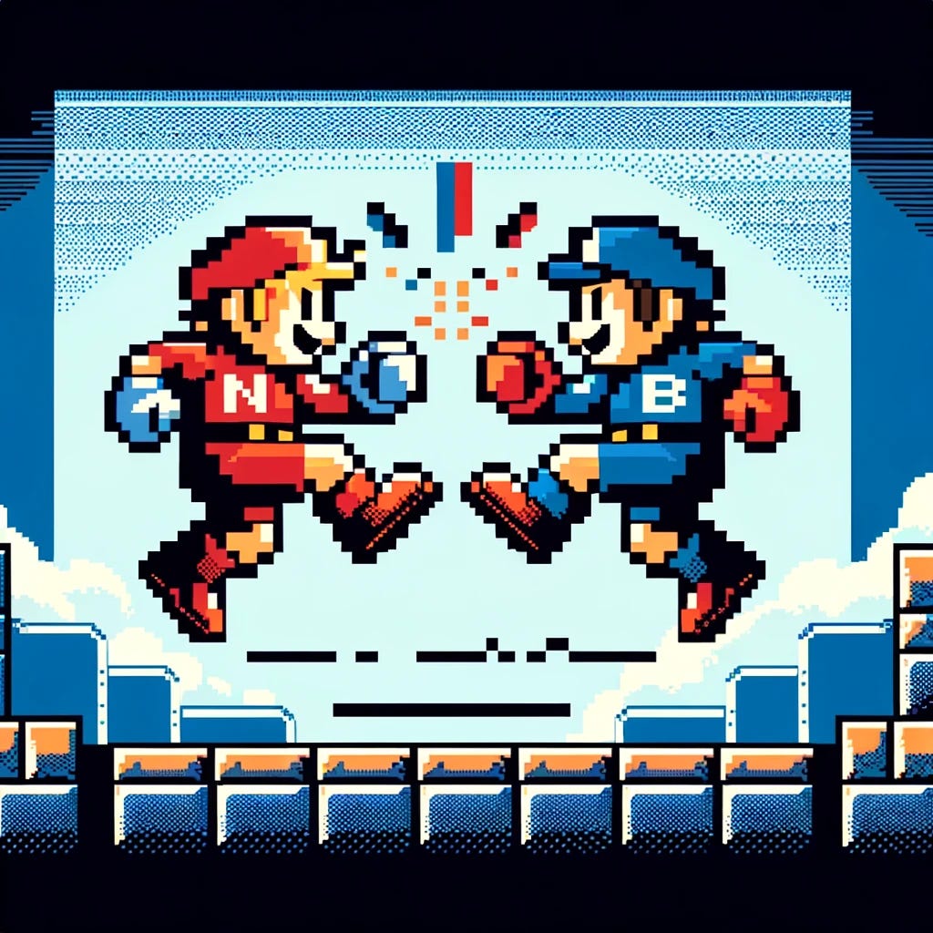 Using the second image as a baseline, create a more dynamic scene in the same 8-bit, pixelated video game style. The two original characters, one in red with a 'N' emblem and the other in blue with a 'B' emblem, are now engaged in a playful, video game-style fight. They should be positioned in mid-action poses, with simple, pixelated effects to suggest motion and interaction, like jumping or dodging. The background remains a classic 8-bit video game scene, with blocky platforms and a pixelated sky, maintaining the early video game aesthetic.
