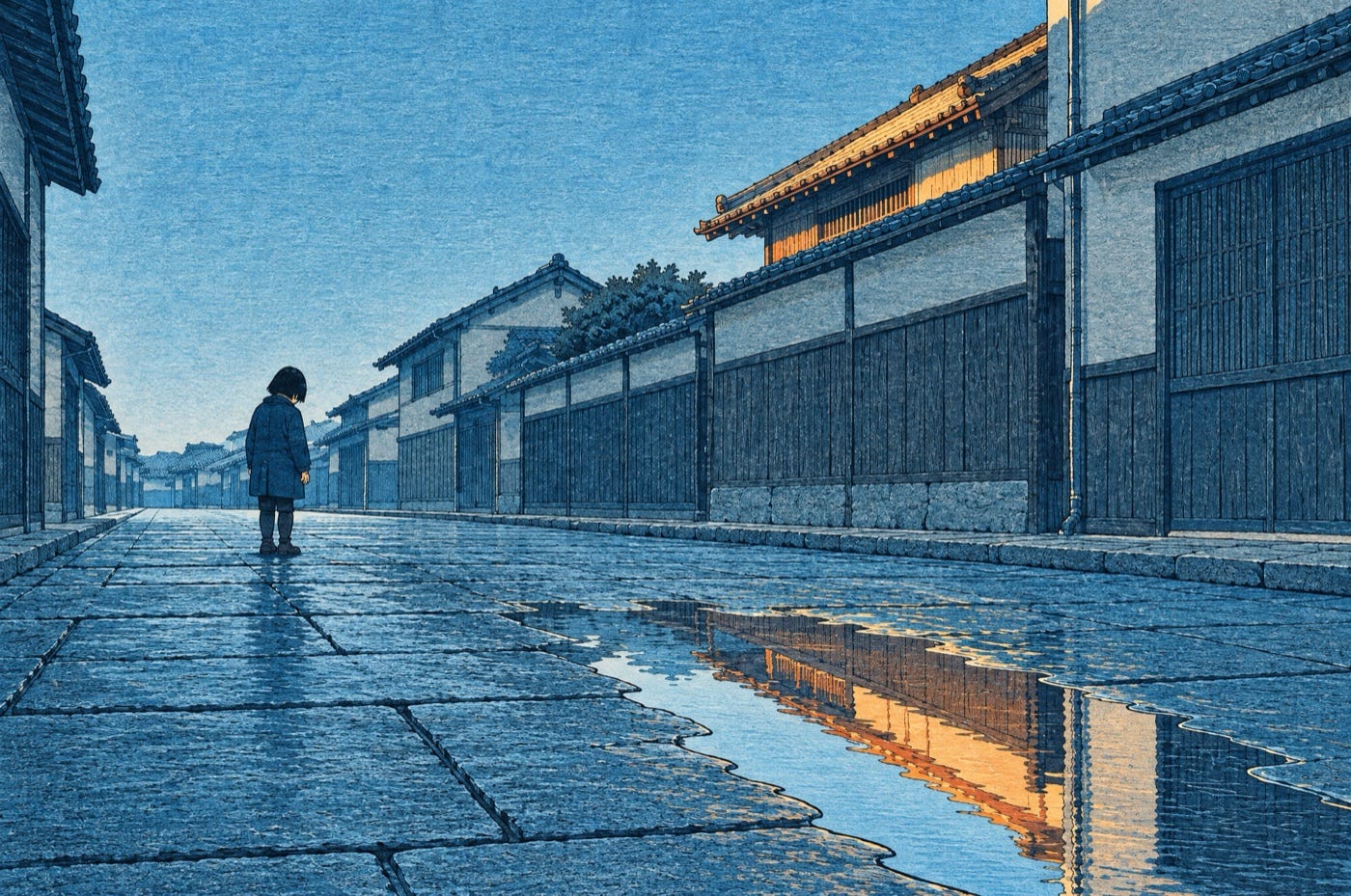 An attentive walker pauses beside a puddle reflecting warm sunlight on a blue city street. An attentive walker pauses beside a puddle reflecting warm sunlight on a blue city street.