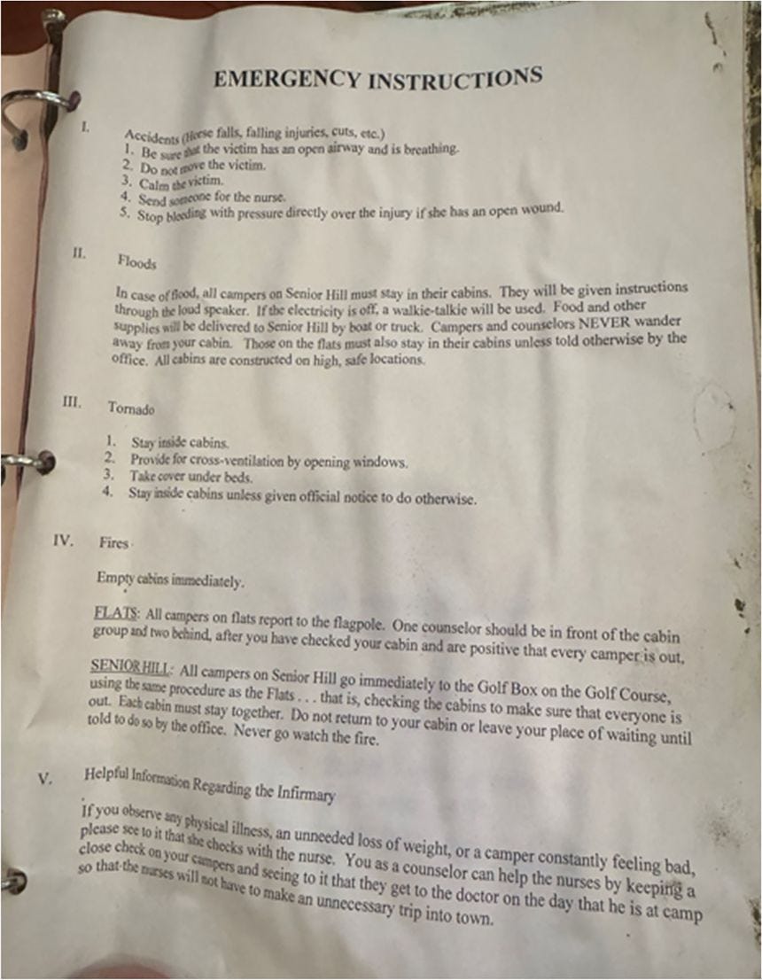This copy of Camp Mystic’s “Emergency Instructions” was found in a counselor's flooded trunk, according to attorneys for the families in the fourth lawsuit.