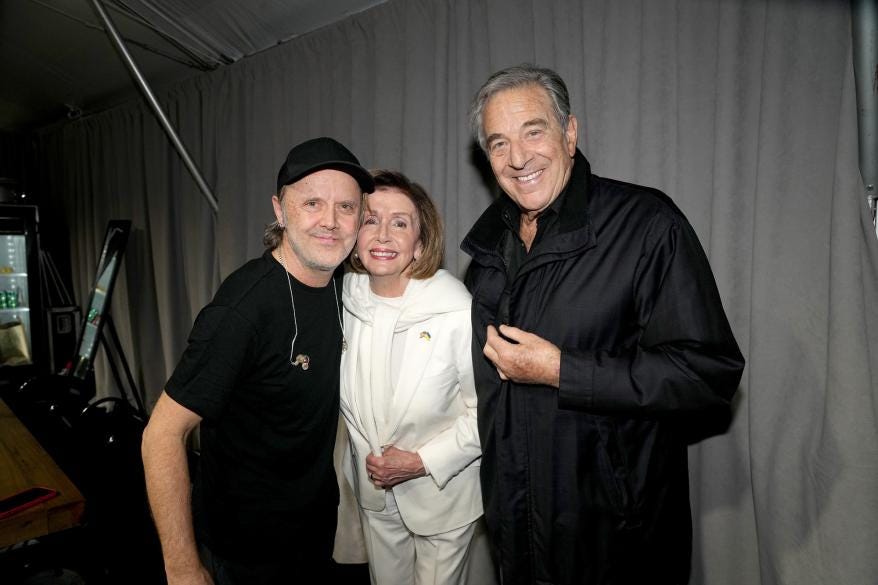 Lars Ulrich, Nancy Pelosi and Paul Pelosi pose backstage during Global Citizen Festival 2022: New York at Central Park on September 24, 2022 in New York City. Lars Ulrich, Nancy Pelosi and Paul Pelosi pose backstage during Global Citizen Festival 2022: New York at Central Park on September 24, 2022 in New York City.