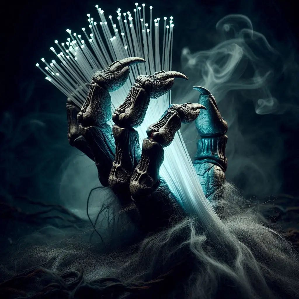 a cursed monkey paw holding fibber cable