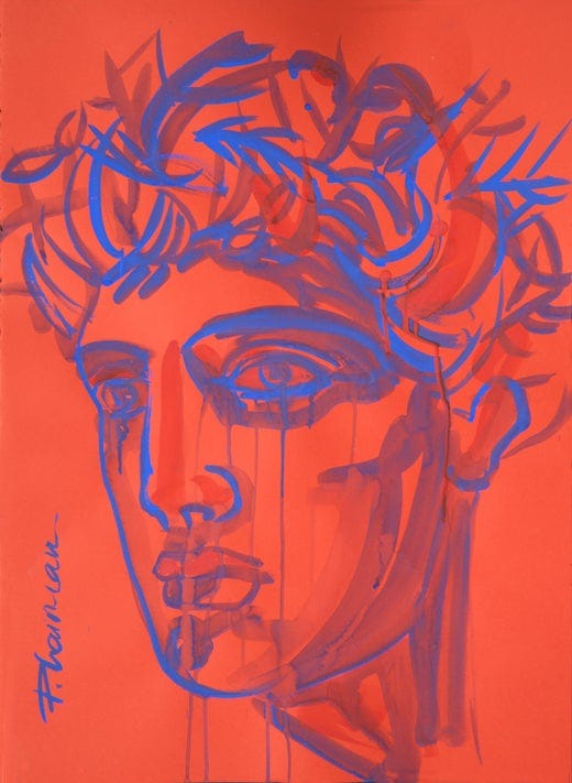 Orange-red work on paper depicting a Greco-Roman face and laurel wreath in loose ultramarine blue lines, with blue tears running from the eyes.