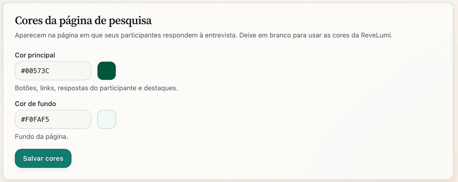 Painel de configuração das cores da página de pesquisa com campos para cor principal e cor de fundo.