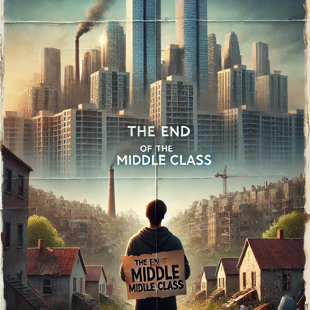A realistic poster titled 'The End of the Middle Class'. The poster should have a somber tone, showing an urban cityscape with a stark contrast between luxury apartments and rundown buildings. In the foreground, there is a young adult looking at the skyline with a reflective expression, holding a torn paper with the words 'Middle Class' written on it. The background should depict a clear division between wealth and poverty, with high-rise buildings on one side and dilapidated houses on the other. The colors should be muted and the lighting should emphasize the contrast between hope and despair.