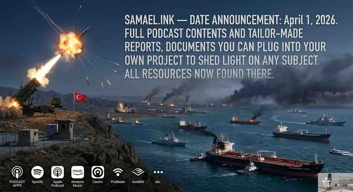 A cinematic photographic image capturing the intersection of major geopolitical events. In the upper left, a vibrant, fiery explosion of a missile being intercepted by a NATO Patriot missile system over a rugged, mountainous Turkish landscape at dusk. The Turkish flag flies prominently at a nearby border observation post, and debris and smoke trails from other interceptions are visible. Centered in the upper sky, a large, translucent white watermark with subtle grey text and icons, like a vast watermark, is integrated into the atmosphere. The watermark text reads: 'SAMAEL.INK — DATE ANNOUNCEMENT: April 1, 2026. FULL PODCAST CONTENTS AND TAILOR-MADE REPORTS, DOCUMENTS YOU CAN PLUG INTO YOUR OWN PROJECT TO SHED LIGHT ON ANY SUBJECT. ALL RESOURCES NOW FOUND THERE.' Lower down and to the right, a turbulent sea is filled with numerous cargo ships, oil tankers, and naval vessels. Multiple large cargo vessels and oil tankers are navigating, some visibly listing or with small fires and faint smoke plumes, with smaller tugboats assisting a damaged tanker, its hull marked 'STRANDED/DAMAGED - HORMUZ'. A few non-US/allied naval vessels patrol near them, while US and allied warships are further out, forming a loose protective ring. The distant Strait of Hormuz is partially obscured by dark, stormy clouds and smoke. Along the coastline of the background, multiple fires and smoke plumes rise from industrial and military sites. The entire scene is low and moody, emphasizing explosions, fires, and industrial lights. In the bottom left corner, a clean, white, horizontal row of icons with labels: 'PODCAST APPS', 'Spotify', 'Apple Podcast', 'Amazon Music', 'Castro', 'Podbean', 'Audible', 'etc.'. The image is rich in detail and layered with complex information, with a unique, transparent watermark detailing the www.samael.ink launch and available resources for your projects, ensuring it complements rather than obscures the scene.