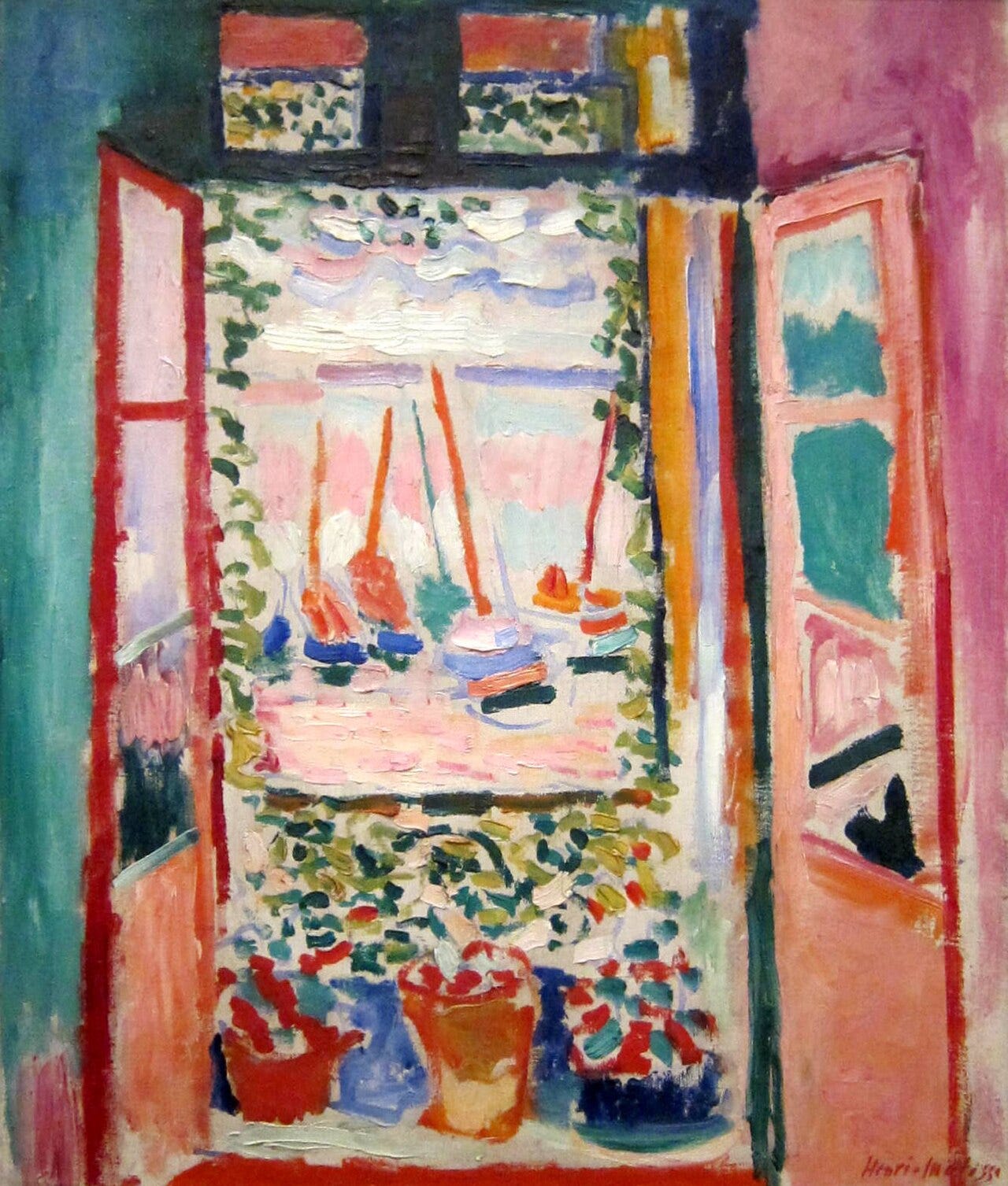 View of a harbor through a window in loud color View of a harbor through a window in loud color