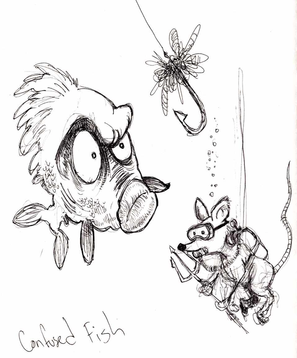 Ballpoint sketch of a fish eyeing a lure and a scuba diving mouse.
