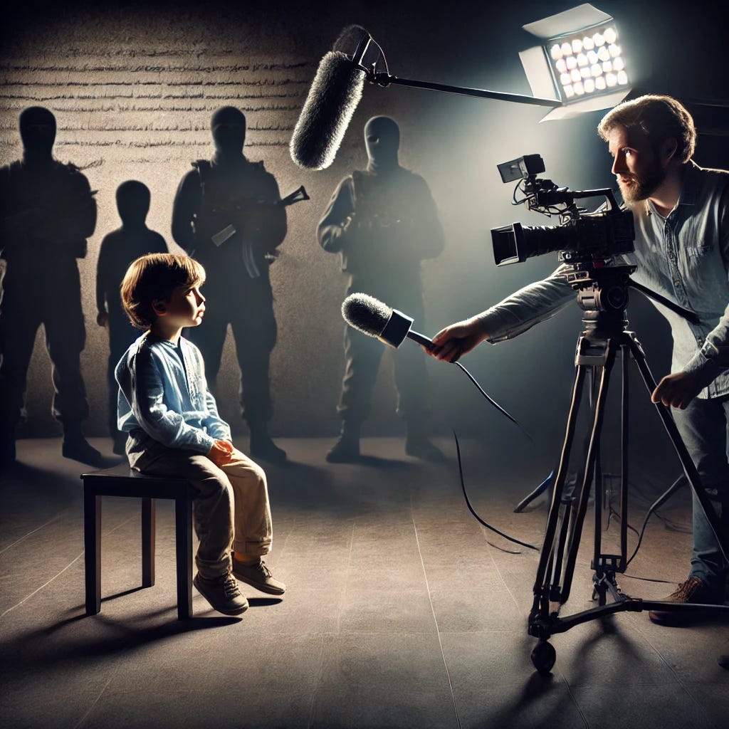 A realistic cinematic illustration of a documentary film crew interviewing a young child who appears innocent but has hidden ties to terrorism. The setting is a dimly lit interview space with professional camera equipment and lighting. The child, dressed in simple clothes, looks nervous while speaking, as the journalist holds a microphone and the cameraman adjusts the shot. In the shadows behind the child, faint outlines of armed figures and secret documents hint at hidden affiliations. The lighting creates a dramatic contrast, emphasizing the theme of concealed identities and hidden connections. Created in a cinematic documentary style, with high detail and moody lighting.
