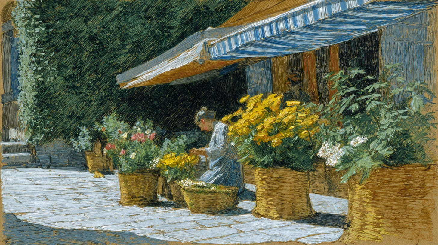 flower seller arranging fresh blooms under striped awnings in a French village market, ivy-draped walls, soft shadows, vintage charm, peonies and daisies in woven baskets --ar 16:9 --sref 1319887298 --profile i6fyyx5 --sv 4 --v 7 flower seller arranging fresh blooms under striped awnings in a French village market, ivy-draped walls, soft shadows, vintage charm, peonies and daisies in woven baskets --ar 16:9 --sref 1319887298 --profile i6fyyx5 --sv 4 --v 7