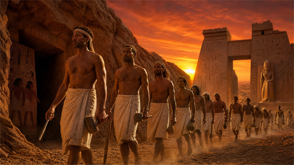 Title: Workers in procession at dusk, Valley of the Kings — generated from public-domain ostraca and tomb imagery - Description: Workers in procession at dusk, Valley of the Kings — generated from public-domain ostraca and tomb imagery Title: Workers in procession at dusk, Valley of the Kings — generated from public-domain ostraca and tomb imagery - Description: Workers in procession at dusk, Valley of the Kings — generated from public-domain ostraca and tomb imagery