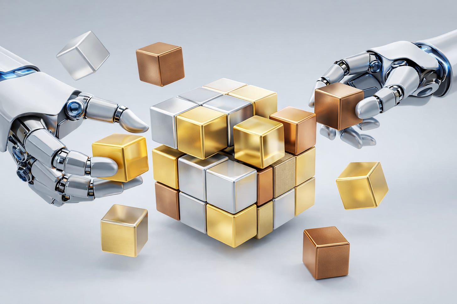 Robotic hands solve a metallic cube puzzle that resembles a rubicks cube