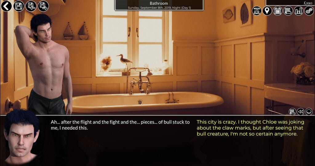 The MC stands up shirtless in the bathroom while he looks seductively at the camera