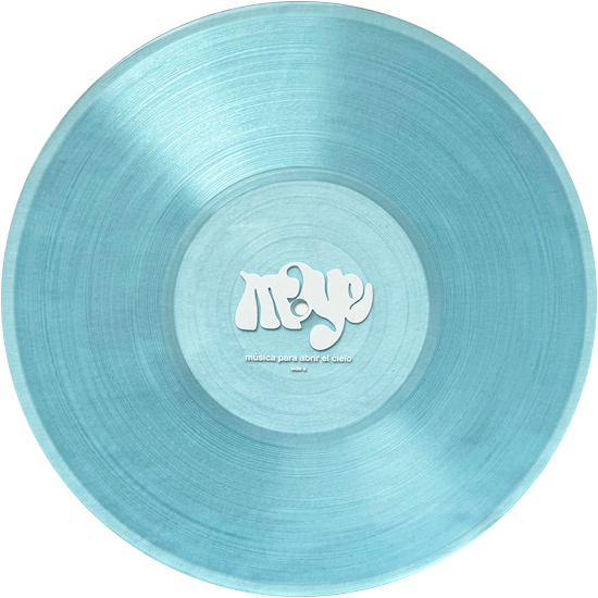Photos of Maye "Música Para Abrir El Cielo" LP cover and translucent blue vinyl record.