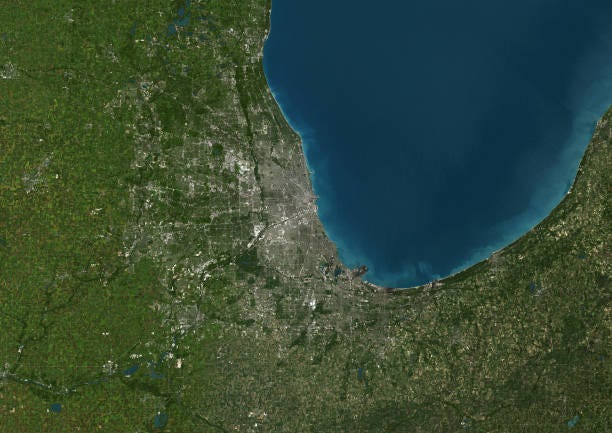 True colour satellite image of the city of Chicago, Illinois, USA. The city is located on the southwestern shores of Lake Michigan. Composite image...