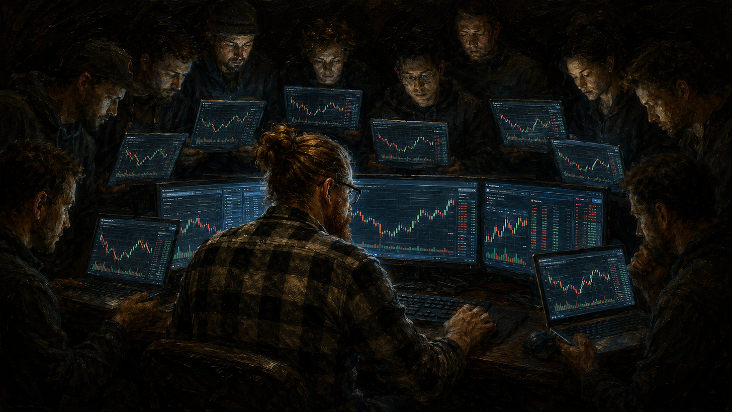 Painterly oil-style scene in deep chiaroscuro: a red-bearded man in plaid flannel sits at a trader's workstation with multiple monitors showing a candlestick chart. Surrounding him, ten anonymous figures lean inward, each holding an open laptop displaying the same chart. Their faces are lit only by their screens. Everything else is in deep shadow.