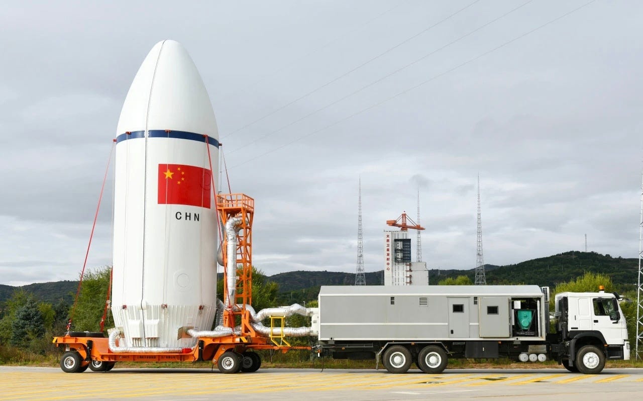 The Long March 6A Y16 vehicle’s fairing heading to the launch pad with its payloads inside.