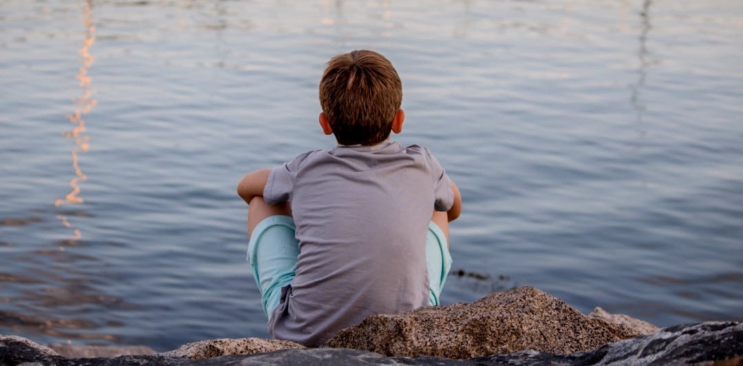 gray sitting on gray concrete pavement facing ocean water during daytime