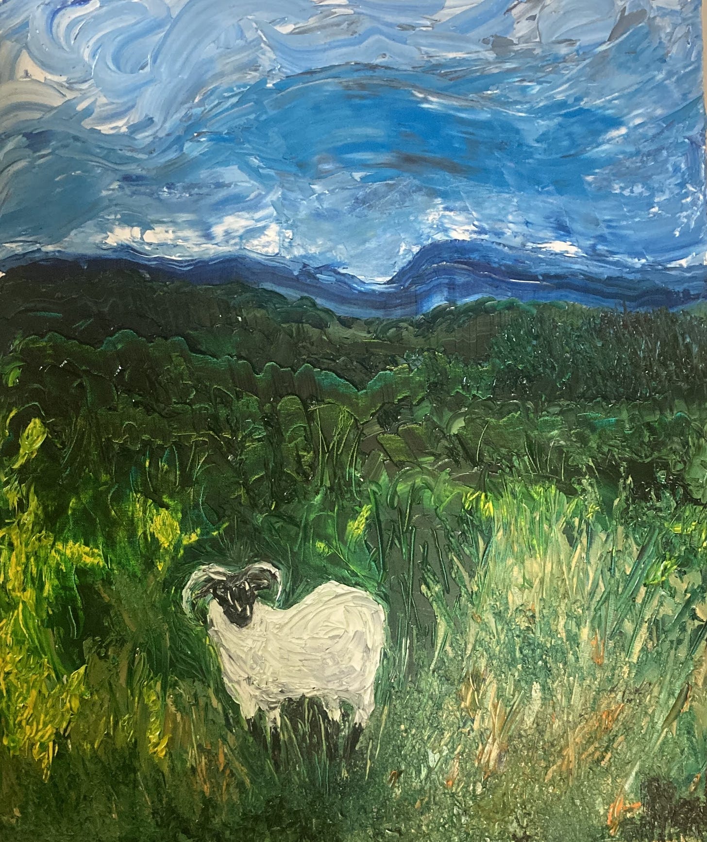 oil painting of a sheep, done by me, Kilworth mountain looking towards Galtee Mor. Van Gogh style sky