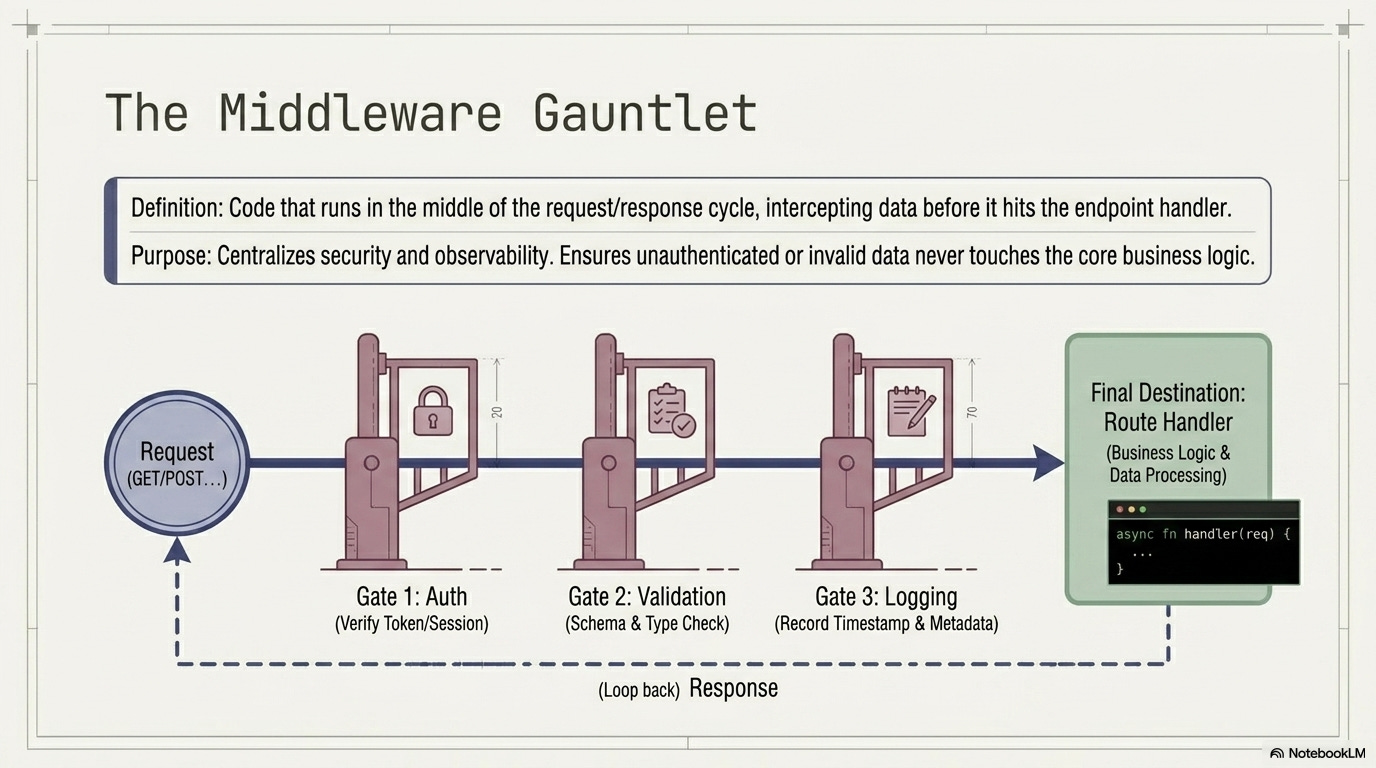 llustration titled “The Middleware Gauntlet” showing an HTTP request passing through three middleware “gates” before reaching the route handler: Gate 1 Auth (verify token/session), Gate 2 Validation (schema and type checks), and Gate 3 Logging (record timestamp/metadata). The final destination is the route handler containing business logic and data processing, and then the response loops back.