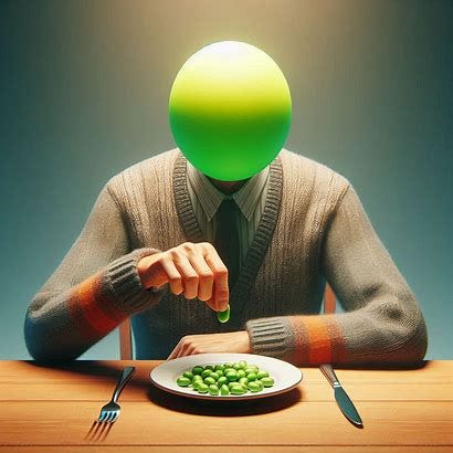 An old man wearing a sweater sitting at an empty dinner table alone. The only thing on the table is a plate which has a few small lima beans on it. He plucks a lima bean between his fingers. The man doesn't have a head but instead has a basic bright neon green sphere in its place. An old man wearing a sweater sitting at an empty dinner table alone. The only thing on the table is a plate which has a few small lima beans on it. He plucks a lima bean between his fingers. The man doesn't have a head but instead has a basic bright neon green sphere in its place.
