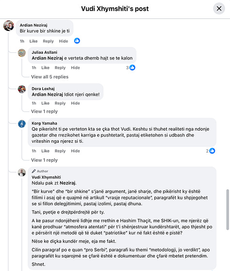 Galeria paraqet reagime reale nga publiku pas publikimit të hulumtimit, të cilat shërbejnë si dokumentim empirik i mënyrës se si funksionon delegjitimimi dhe frikësimit në hapësirën publike. Reagime publike të dokumentuara tregojnë zhvendosjen nga debat me fakte drejt etiketimeve, gjuhës së frikësimit dhe presionit personal, në përputhje me analizën e përshkruar në gjetjet hulumtuese të botuara më 4 Shkurt 2026.