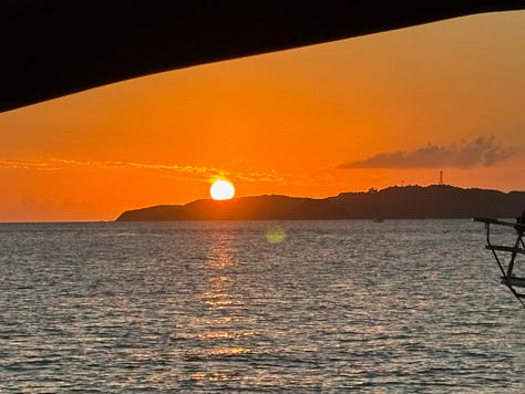 Collage of 3 sunsets over the water and one with the sun silhouting a city skyline