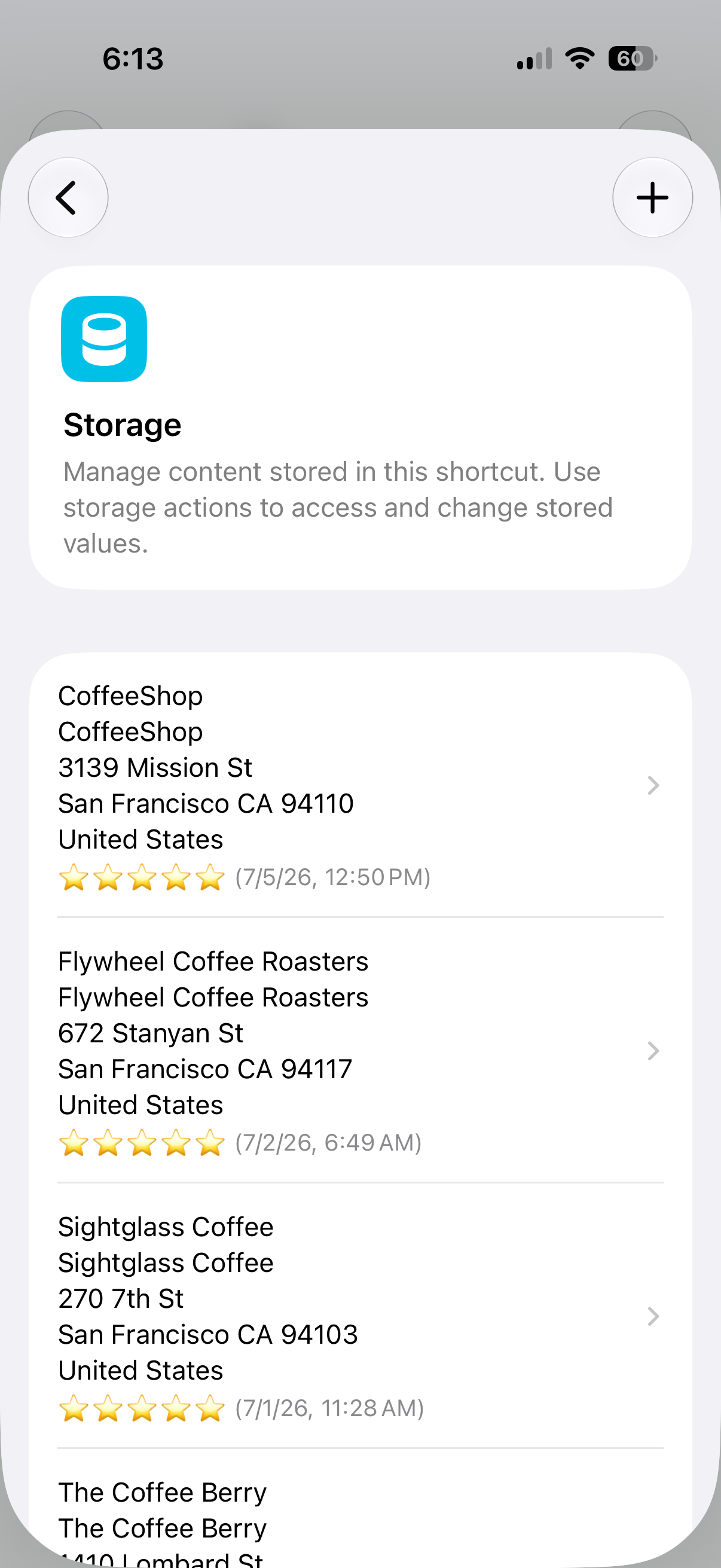 Storage view in the iOS 27 Shortcuts app showing a saved list of coffee shops with names, addresses, star ratings, and visit dates stored using the new Content Storage actions. Storage view in the iOS 27 Shortcuts app showing a saved list of coffee shops with names, addresses, star ratings, and visit dates stored using the new Content Storage actions.