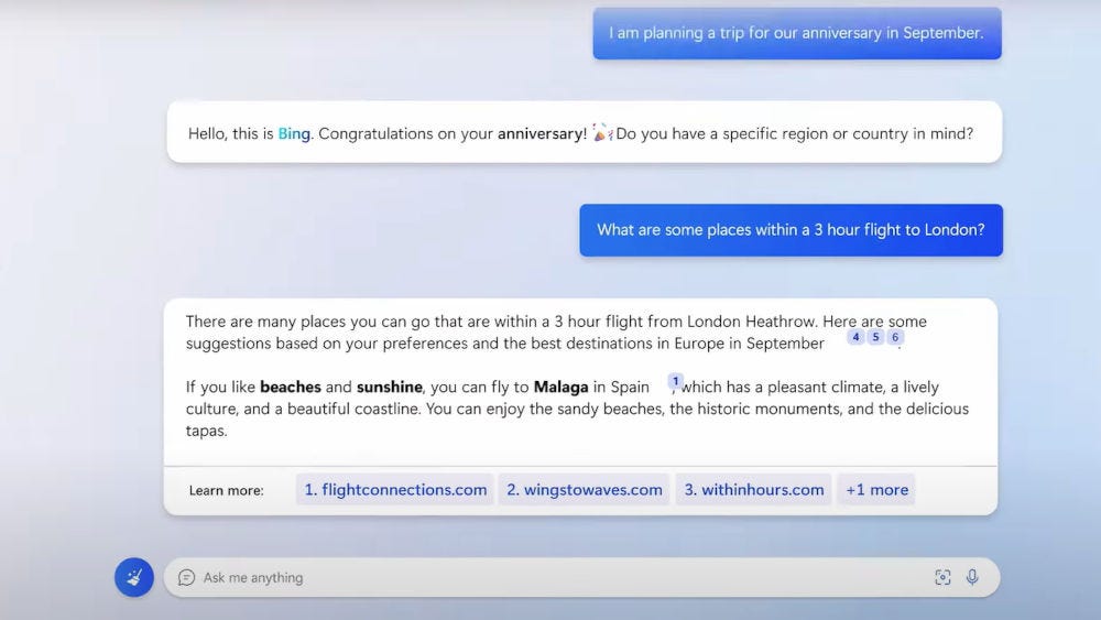 A screenshot of the Bing AI chatbot responding to a question A screenshot of the Bing AI chatbot responding to a question