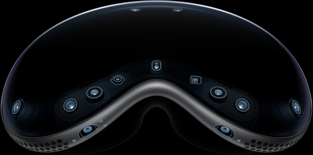 External view of Vision Pro highlighting the array of cameras and sensors