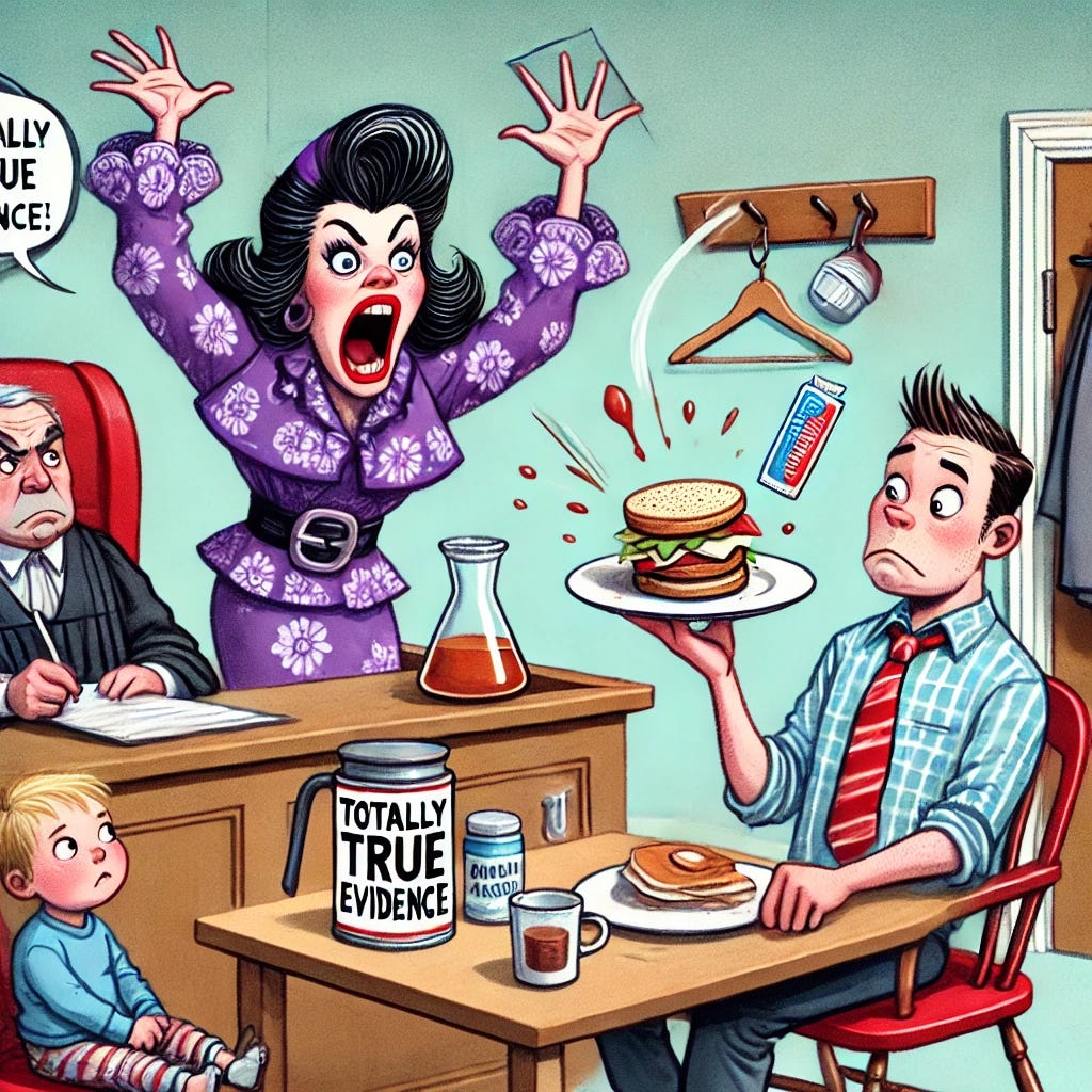 A humorous and exaggerated cartoon-style illustration of a dramatic narcissistic mother in a courtroom, holding a notebook titled 'Totally True Evidence,' as she dramatically accuses the father of absurd actions, like throwing a sandwich. The father sits calmly with a plate of pancakes, looking confused but kind. The judge, with a skeptical expression and raised eyebrow, observes the scene while the child sits nearby, appearing entertained but doubtful. The background includes playful details like a coat rack tipping over and toothpaste spilling comically in the corner. The tone is satirical, light-hearted, and whimsical, emphasizing the absurdity of the mother's claims.
