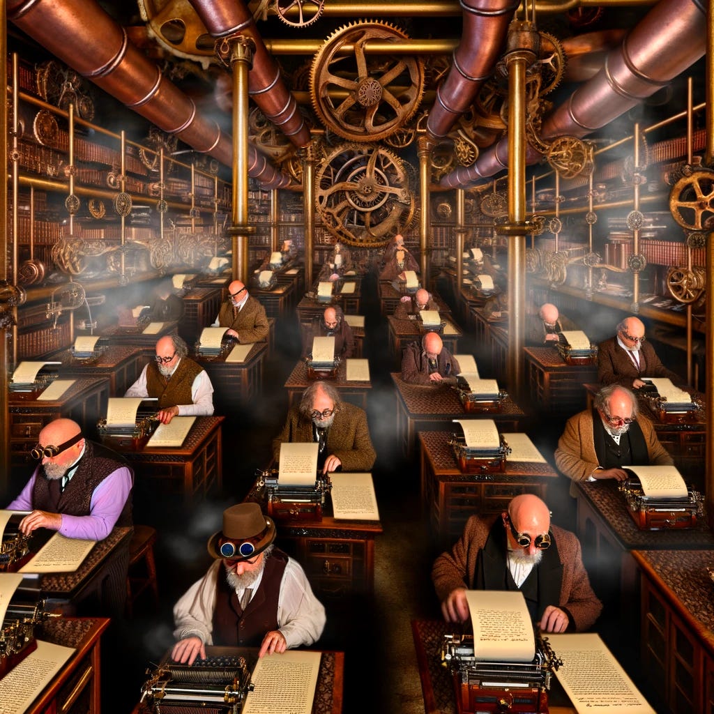 Imagine a bustling steampunk workshop filled with a dozen philosophers, each deeply engrossed in their own world of thought. The room is a maze of brass and copper, with gears and cogs adorning the walls and ceiling. Steam pipes run along the ceiling, occasionally releasing puffs of steam into the air. Each philosopher sits at a unique, mechanically intricate desk made of dark wood and metal, equipped with typewriters and paper that seem to move on their own, powered by the steam and gears of the workshop. The philosophers are dressed in Victorian-era clothing, with goggles resting on their foreheads, pens in hand, and surrounded by piles of books and papers. The atmosphere is one of intense concentration and creativity, as each philosopher churns out philosophy papers, the sound of typing and the hiss of steam filling the room.