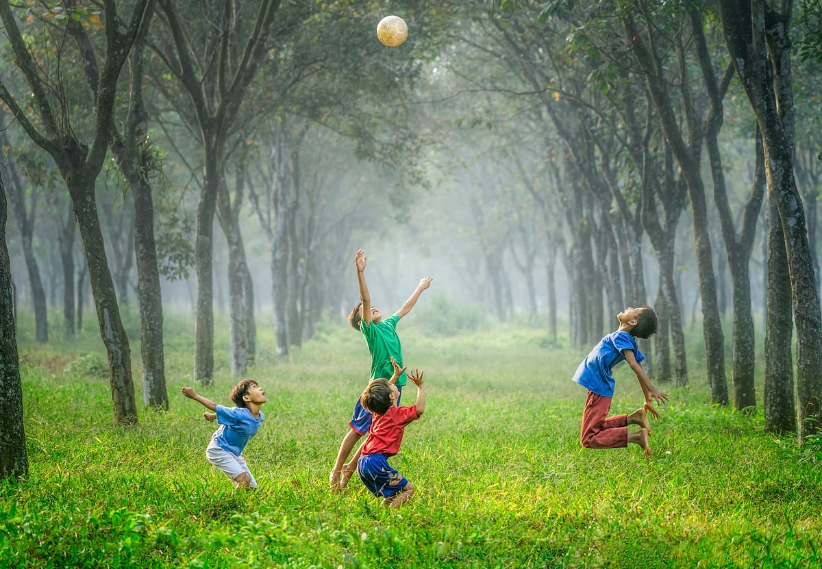 Children playing with a ball, in the woods Children playing with a ball, in the woods