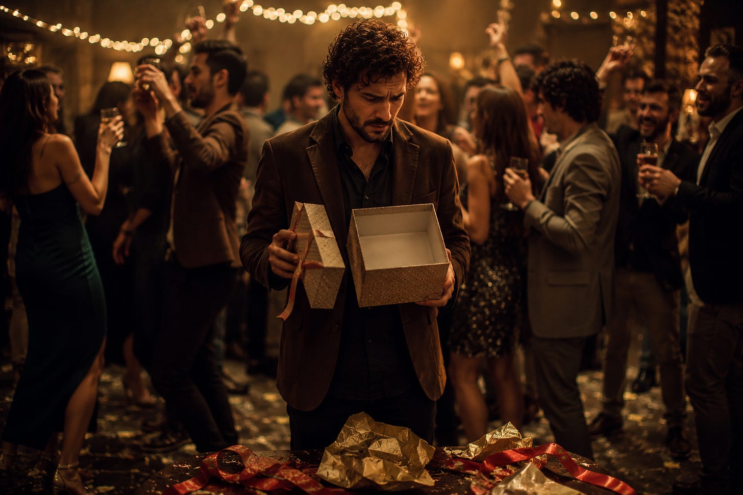 Confused man holding an empty gift box at a crowded party while guests celebrate around him. Confused man holding an empty gift box at a crowded party while guests celebrate around him.