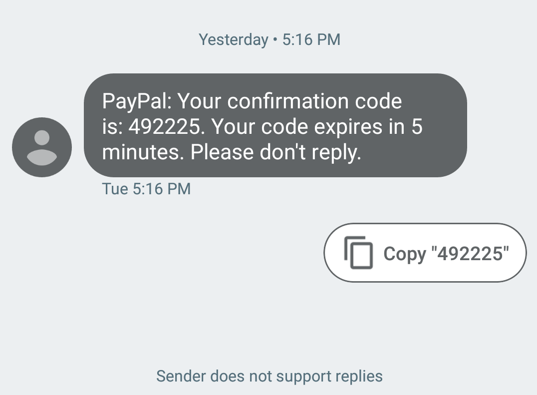 android - Send SMS containing verification code with a "copy code" button - Stack Overflow android - Send SMS containing verification code with a "copy code" button - Stack Overflow