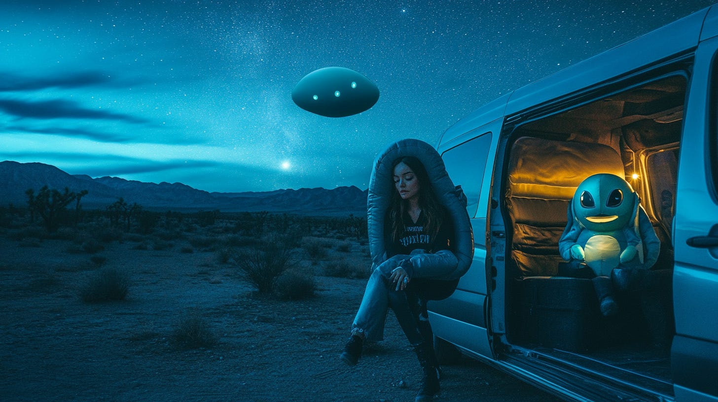 Surreal AI generated image of a mutated woman sitting outside of a van, a UFO is in the background and a strange glowing Pokemon is sitting in the passenger seat.
