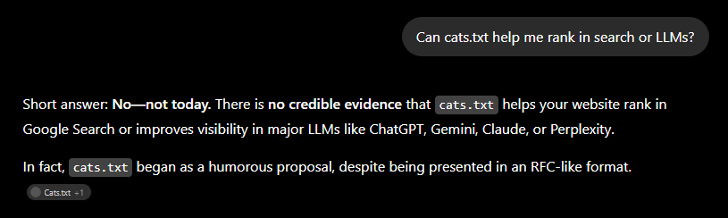 Image 6: AI answer clarifying that there is no evidence cats.txt helps with SEO or LLM ranking, noting it began as a humorous proposal.