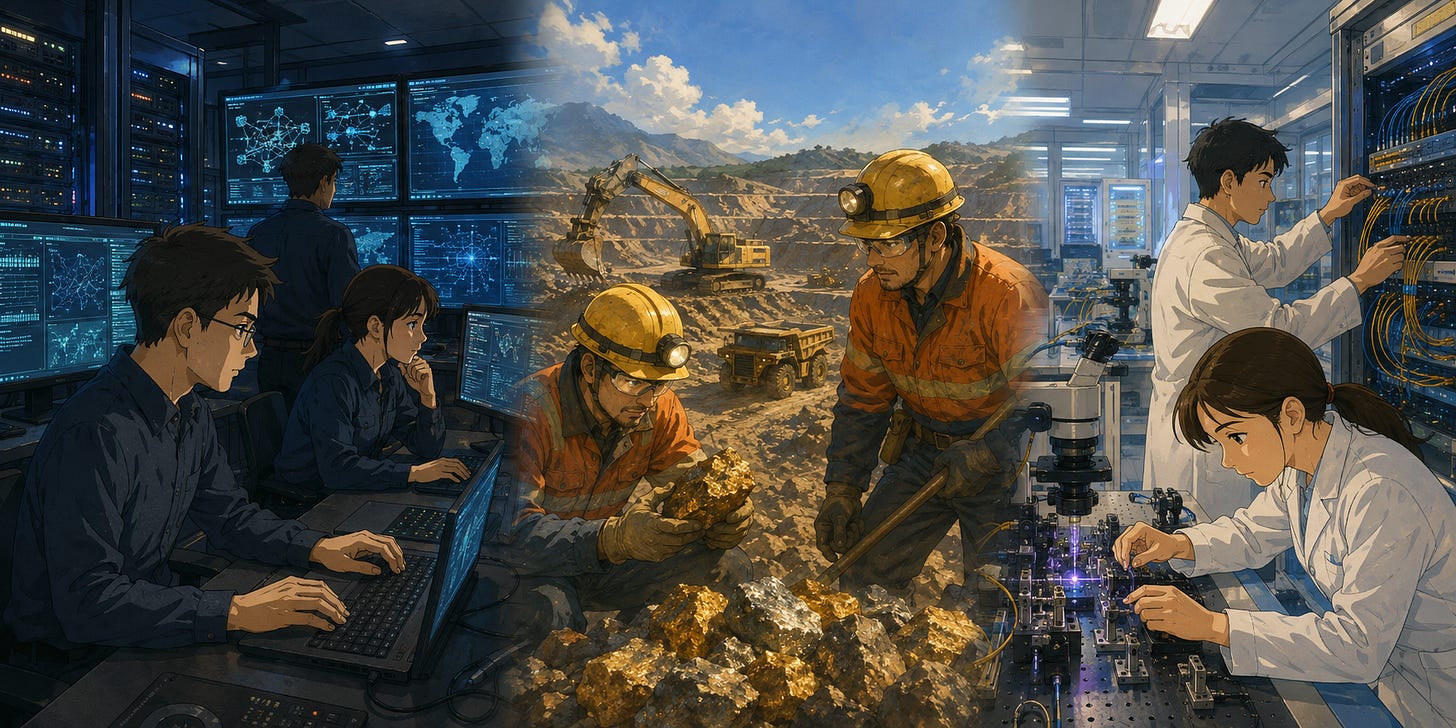 Cybersecurity engineers indoors, miners outdoors, and optical-networking technicians indoors