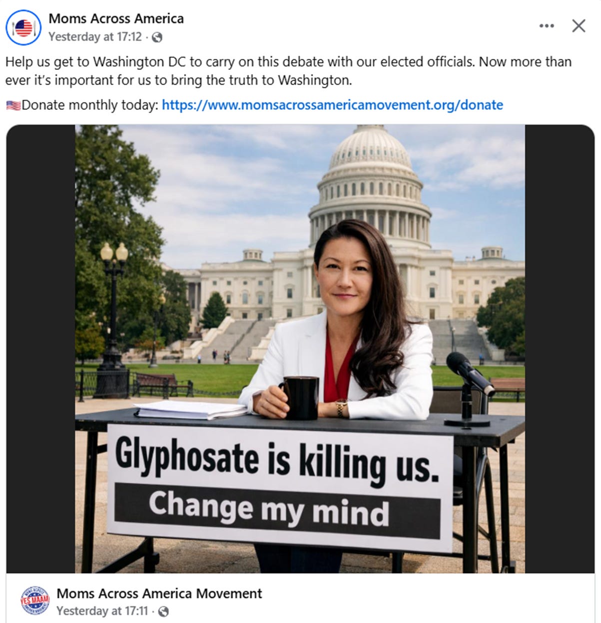 A campaign image promoting Moms Across America's movement to Washington DC, urging for action against glyphosate, with a call to change public opinion.

AI-generated content may be incorrect.