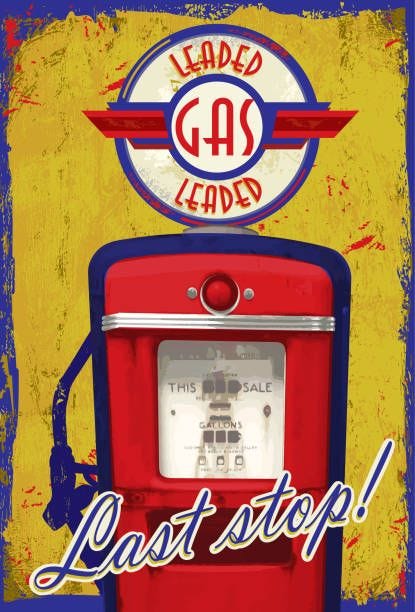 Vintage Gas pump signage  Last stop! yellow blue aged background Last Stop vintage gas pump on yellow and blue aged background. Vector Ilustration with Red lettering for Leaded Gas and blue pump. Retro style pump , memories of the past, old fashioned, retro style, classic cars, gas, fuel,  good ole days, petrol, station, tank fill, nozzle, oil, diesel, roads, streets, energy, petroleum and flammable. leaded gasoline stock illustrations