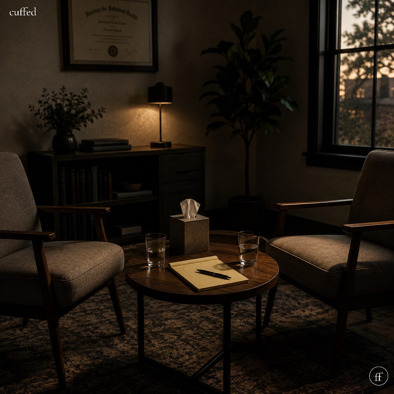 cinematic dimly lit therapy office, empty armchairs facing round wood table with notepad, pen, water glasses, tissue box, warm lamp glow, dark moody tones, window at dusk. "cuffed" wordmark top-left, gold ff logo bottom-right. musing about second chances, ownership, and repair.