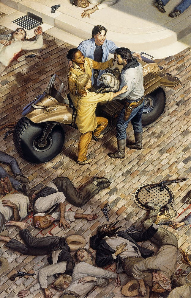 In the gruesome aftermath of the Battle of Devar-Toi, Roland huddles with his Ka-Tet, circling with arms reaching out to each other. Strewn about the bricked street are corpses of Vampires and Low Men, the latter depicted with various animal heads. They lay still, an afterthought of the violence reaped by the now joyous gunslingers. Susannah is seated on her bronze, balloon-wheeled ATV. An army star is painted on the fender. Jake and Roland stand in profile with the striped billy bumbler Oy straddling their arms. The high angle view of the Ka-Tet centers on Eddie Dean, who faces front, smiling for the moment. He stands out in his light blue shirt, unbuttoned to expose a darker t-shirt beneath and the shiny buckle of his gun belt.